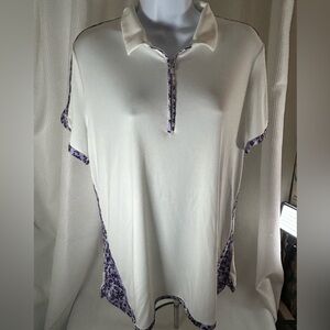 PGA Tour short sleeve pull on shirt white and purple floral print trim women’s